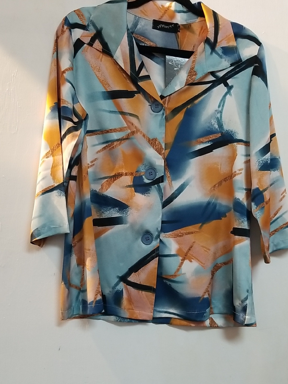 Abstract Print Button-Front Blouse in Teal & Mustard